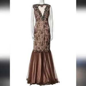 NEW Julian Joyce By Mandalay Dress Womens Size 8 Brown Nude Mermaid Beaded Fomal